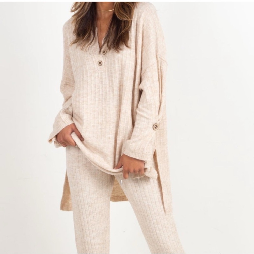 Free People “Around the Clock” Lounge Knit Set Oatmeal